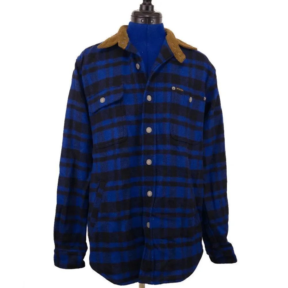 NWT Polo Ralph Lauren Blue & black Plaid Wool Corduroy Collar Work Shirt Med